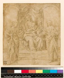 Szűz és gyermek SS-vel. Keresztelő János és Sebastian: Tanulmány a drezdai oltárképhez (ezüstpontos fehér pigment papíron)